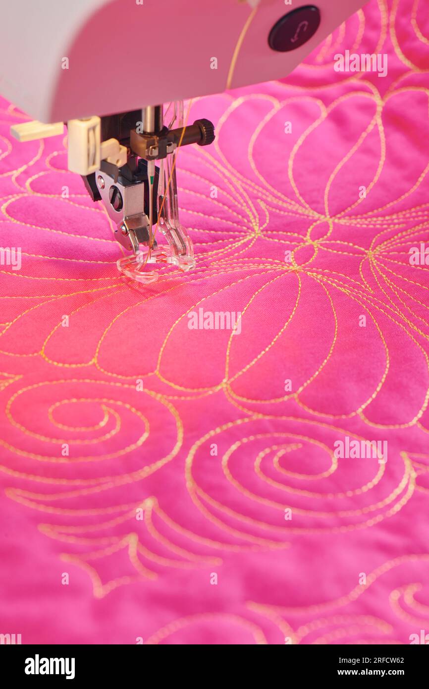 Lavorare la trapuntatura con una macchina elettrica per cucire utilizzando un tecnica di movimento libero Foto Stock