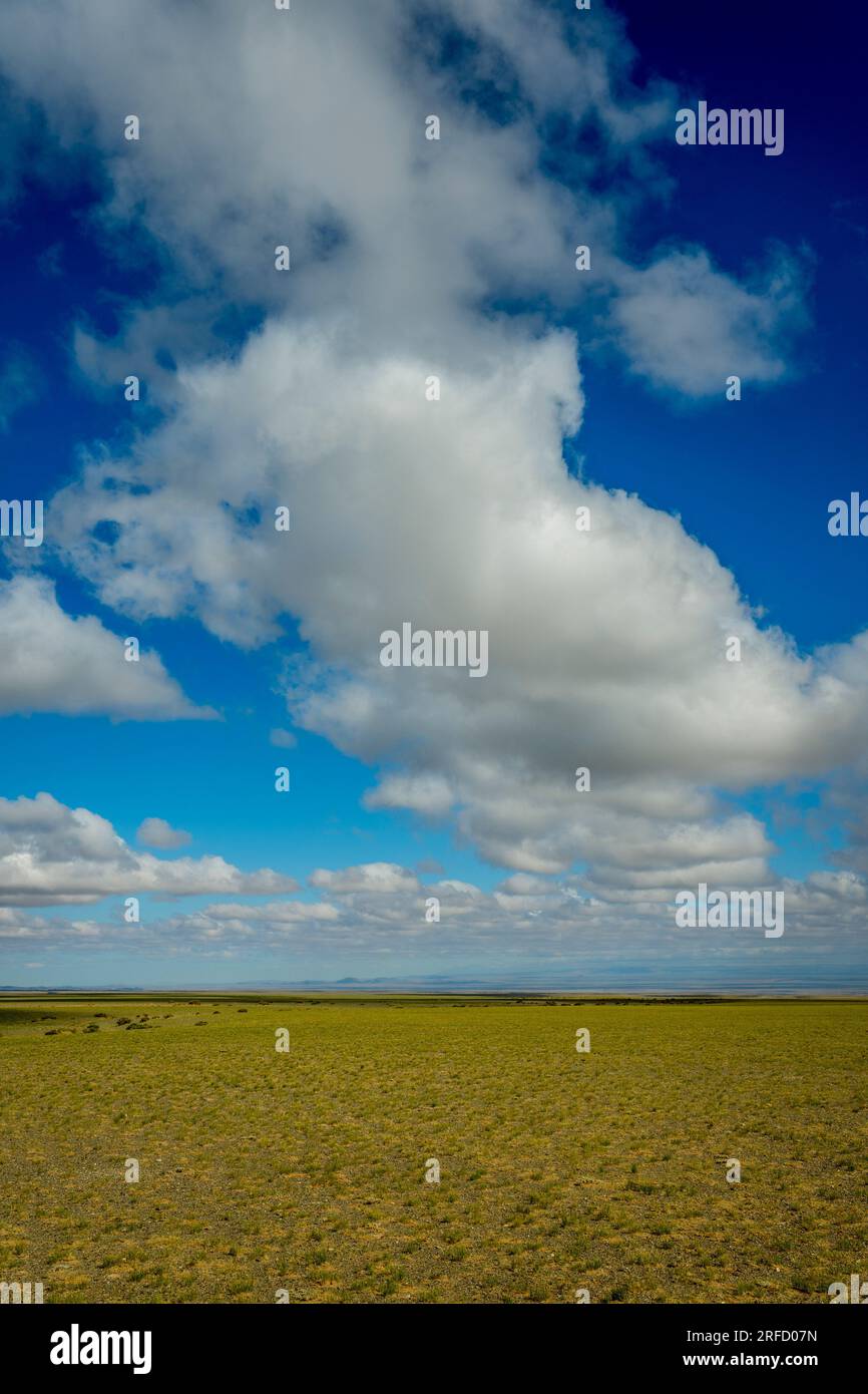 Paesaggio asciutto con nuvole di gonfiori nel deserto meridionale del Gobi, nella Mongolia meridionale. Foto Stock