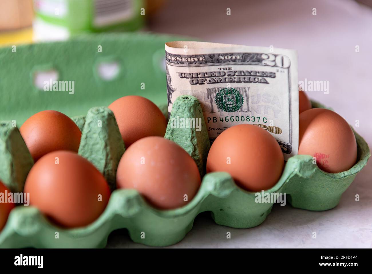 Costo della vita, concetto di inflazione alimentare con un pacchetto di banconote da dollari americani in un pacchetto di uova. Foto Stock