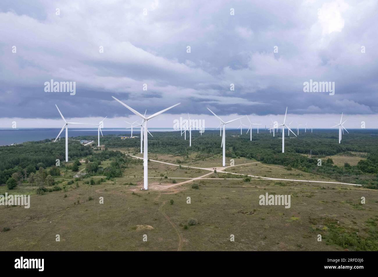 Un parco di turbine eoliche in Estonia Foto Stock