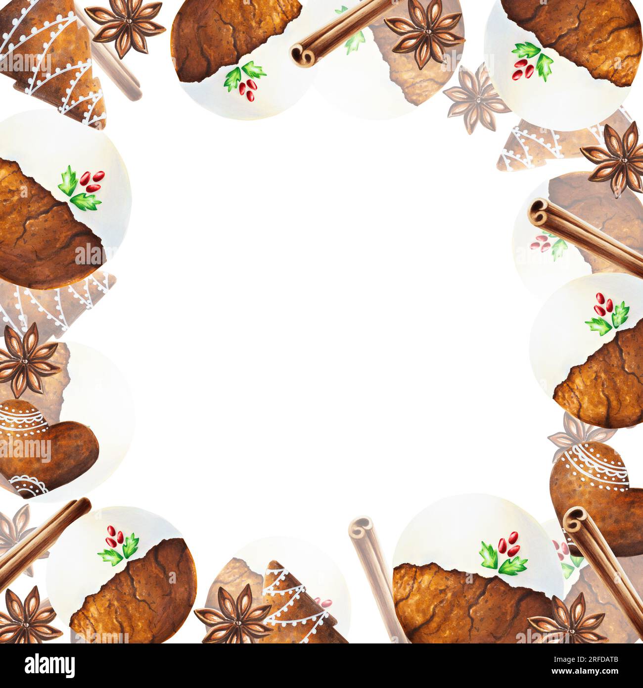 Cornice natalizia ad acquerello con biscotti croccanti di pan di zenzero con glassa, cannella e stelle di anice. Capodanno dipingendo a mano spezie isolate su fondo bianco Foto Stock