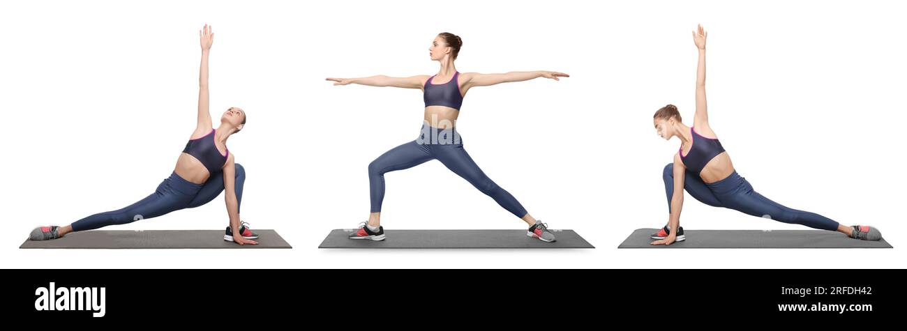 Giovane donna che pratica yoga su sfondo bianco. Collage con diverse asana Foto Stock
