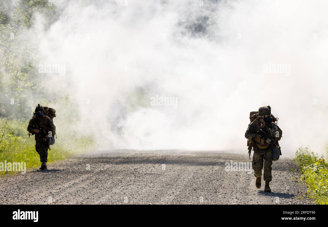 STATI UNITI I Marines conducono una pattuglia durante la Force Headquarters Group Super Squad Competition presso Joint base Elmendorf-Richardson, Alaska, 23 luglio 2023. Durante la competizione di più giorni, le unità di riserva provenienti da tutto il corpo dei Marines, esercitarono le loro competenze tecniche e tattiche competendo in eventi che evidenziavano operazioni offensive/difensive, tecniche di pattugliamento, abilità di tiro al volo, resistenza fisica e leadership di piccole unità. (STATI UNITI Foto del corpo dei Marines del cpl. Mitchell Johnson) Foto Stock