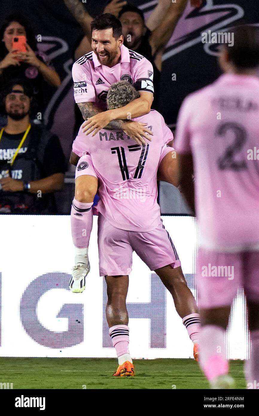 Inter Miami forward Lionel Messi celebrates with forward Josef Martínez