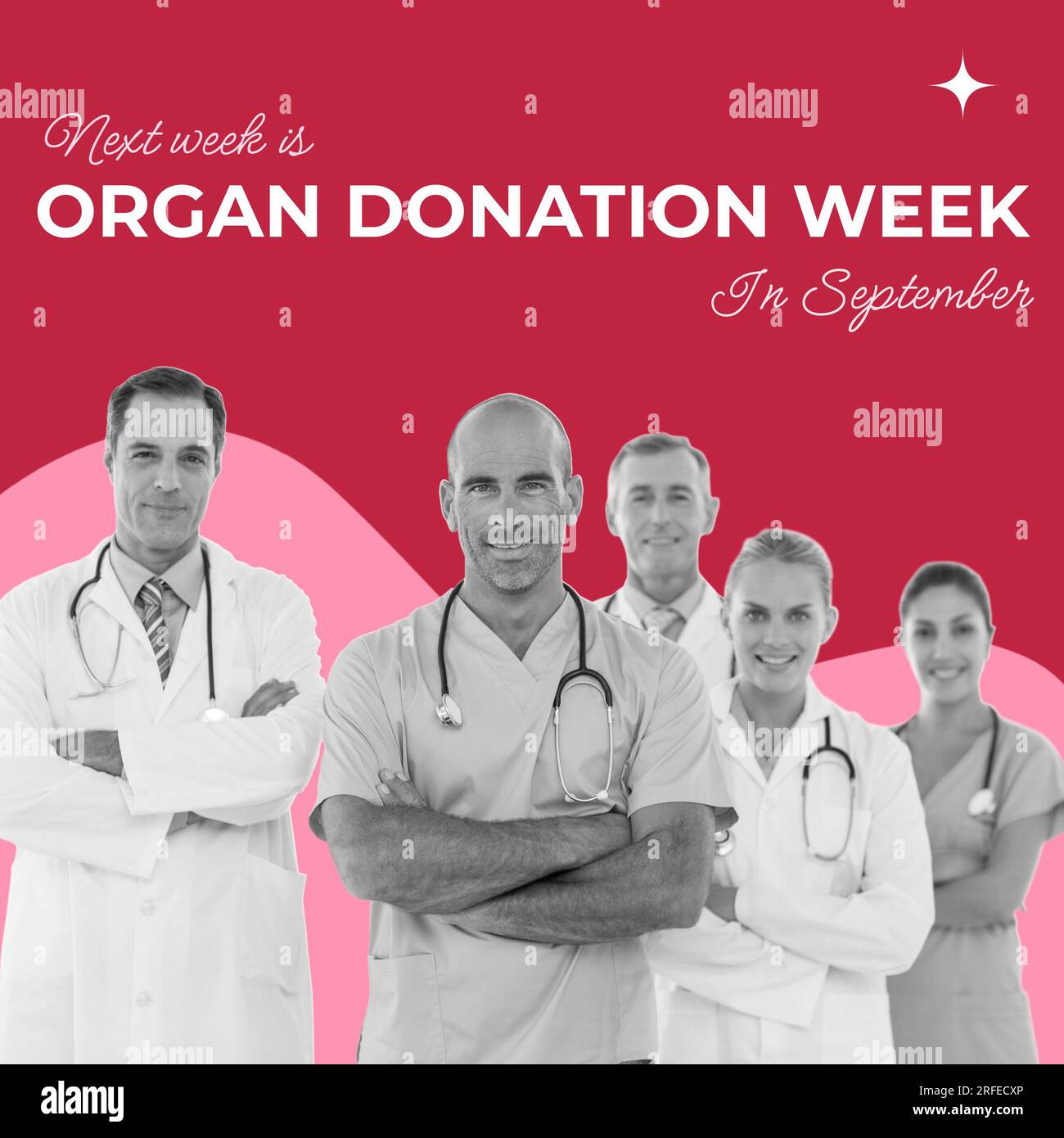 La prossima settimana è la settimana della donazione di organi testo e sorridere diversi medici maschi e femmine, su rosso e rosa Foto Stock