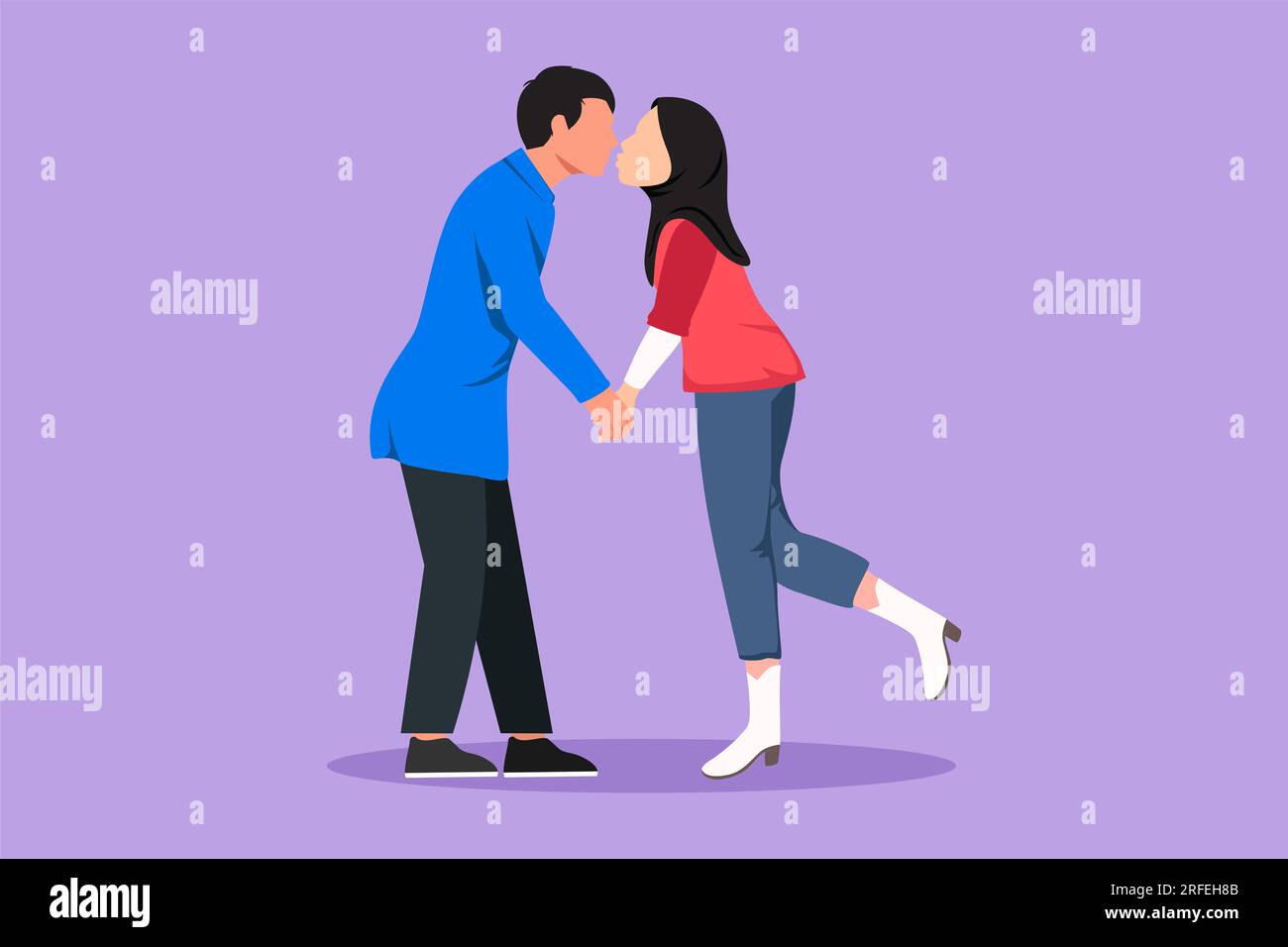 Design grafico piatto che disegna romantiche coppie maschili e femminili con labbra chiuse in bacio. Felici amanti delle coppie arabe che si baciano e si tengono per mano. Uomo An Foto Stock