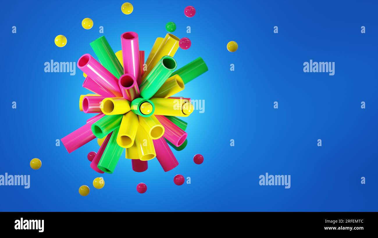 Sfondo astratto con colori brillanti. Una composizione di palloncini e tubi che volano a pezzi, una cartolina natalizia dolce e colorata. rendering 3d. Foto Stock