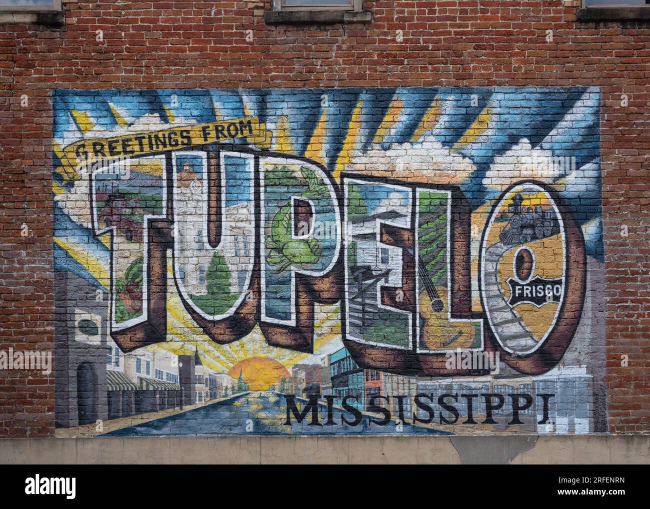 Saluti dal murale di Tupelo, Tupelo, sulla Natchez Trace Parkway, Mississippi. Foto Stock
