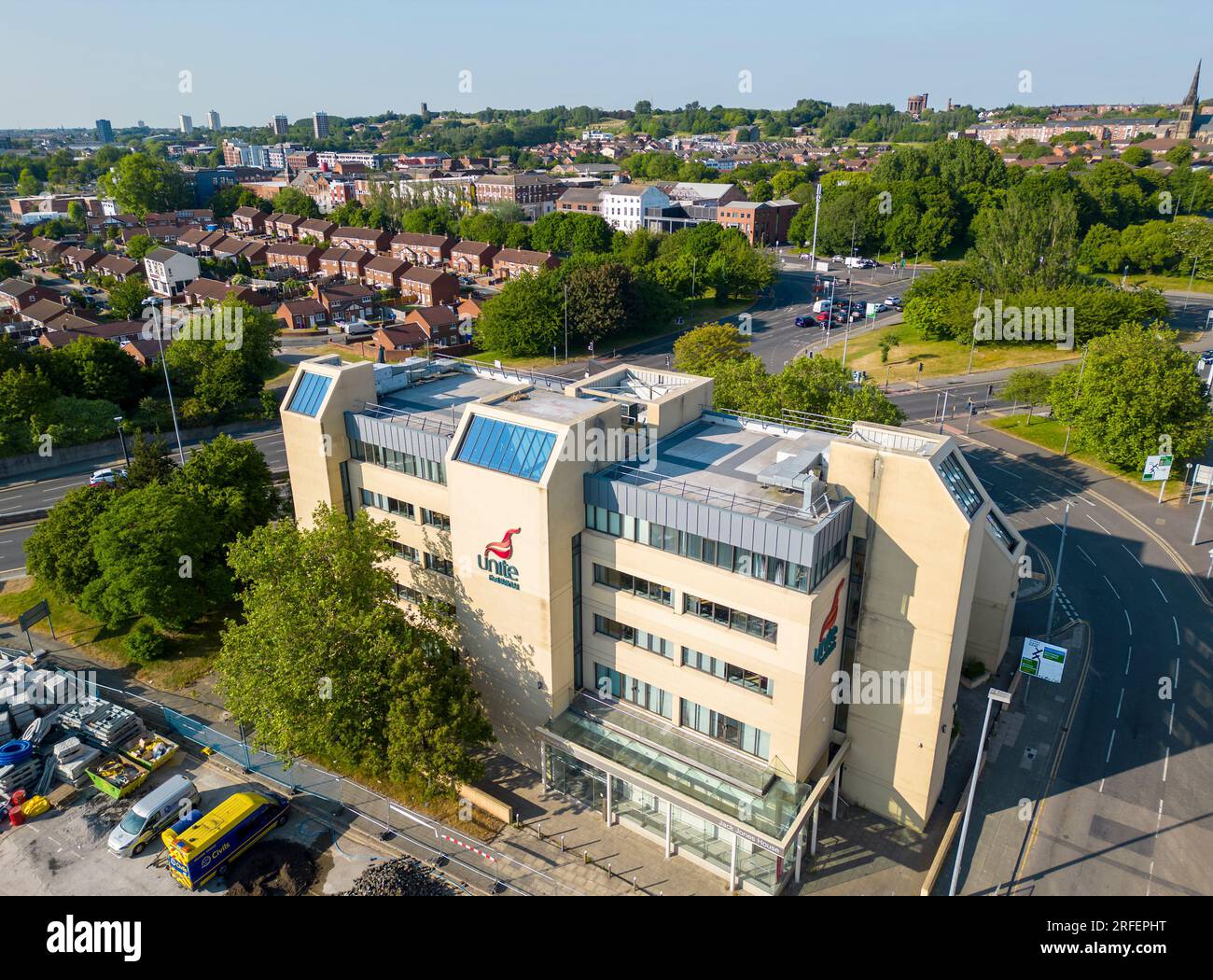Vista aerea dell'edificio Unite the Union, Liverpool, Merseyside, Inghilterra Foto Stock