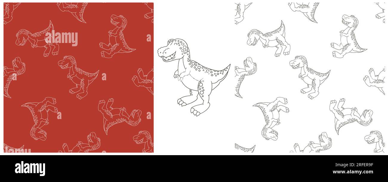 Imposta un divertente modello di dinosauro per bambini. Colorare lo sfondo vettoriale dei dinosauri. Tyrannosaurus. Stampa per design, tessuto, tessuto Illustrazione Vettoriale