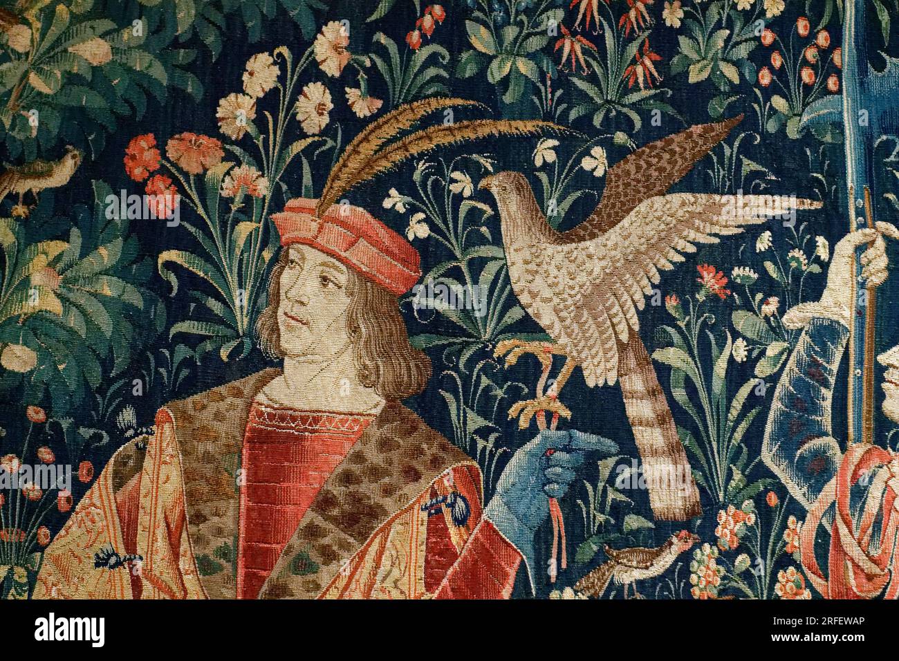 Francia, Parigi, area dichiarata Patrimonio dell'Umanità dall'UNESCO, Museo Nazionale del Medioevo di Cluny, partenza per l'arazzo di caccia, inizio XVI secolo Foto Stock