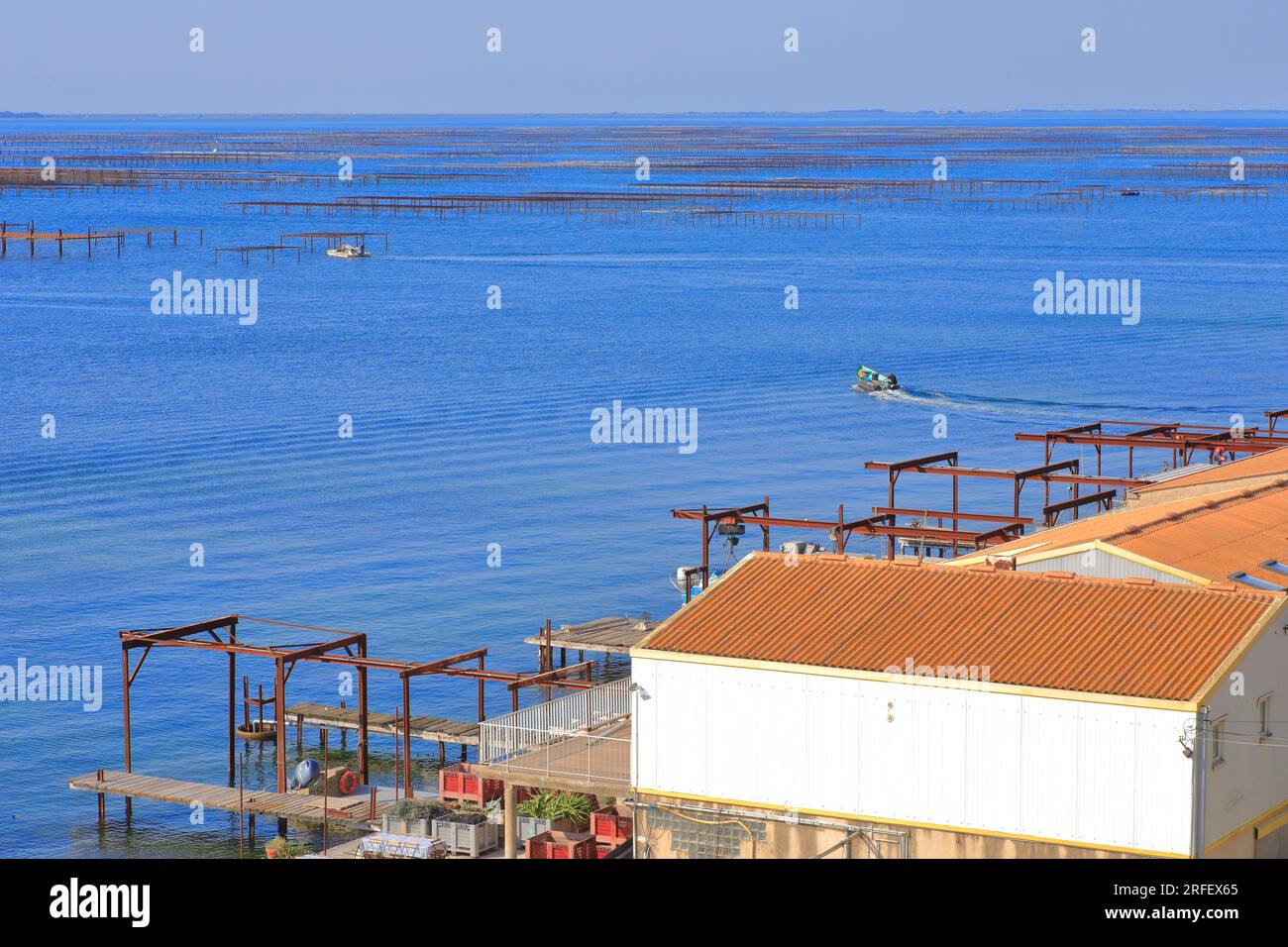 Francia, Herault, Etang de Thau, Loupian, vista delle tavole di ostriche dei contadini di ostriche e delle loro capanne Foto Stock