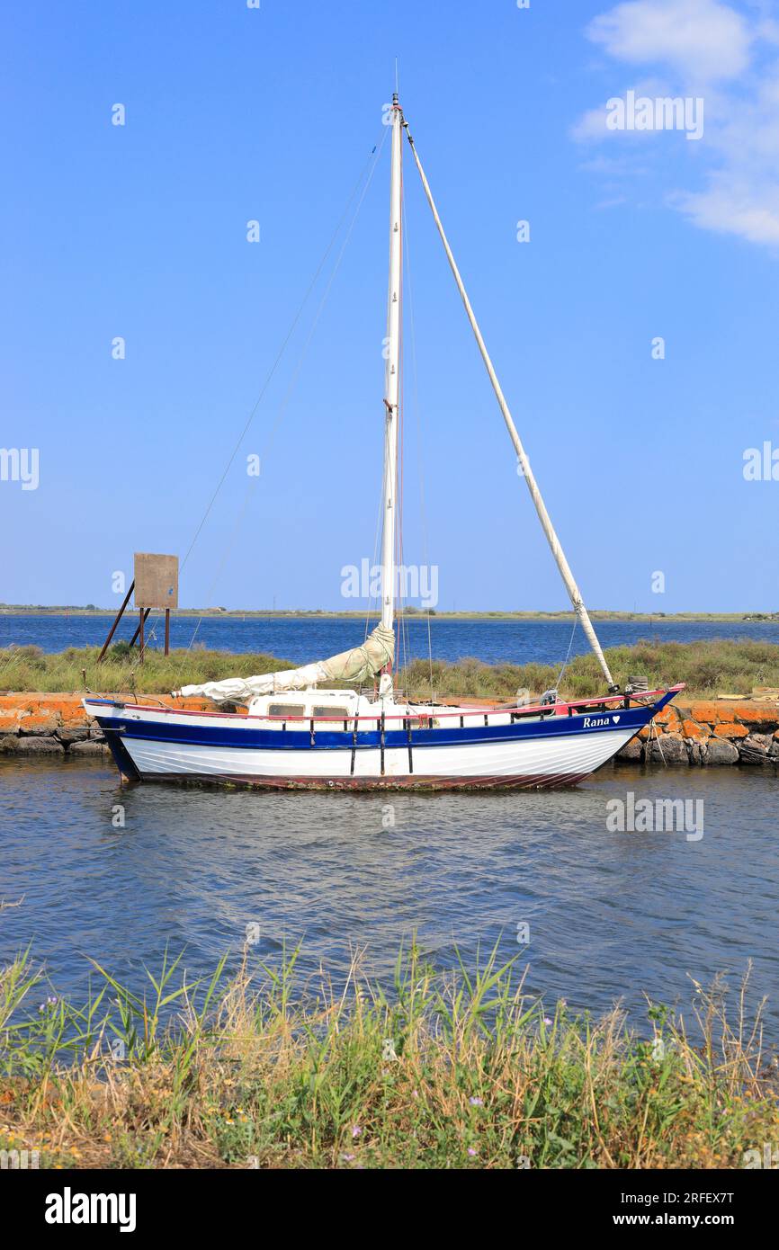 Francia, Herault, Marseillan, Pointe des Onlous, sito naturale classificato natura 2000 e registrato come Patrimonio dell'Umanità dall'UNESCO, Pointe des Onlous rappresenta l'estremità orientale del Canal du Midi (il luogo dove il Canal du Midi sfocia nell'Etang de Thau), barca a vela Foto Stock