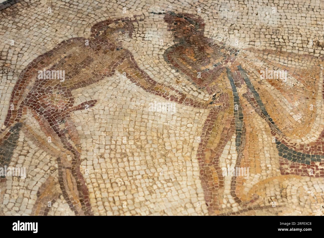Francia, Aude, Narbonne, Narbo via Museum, Museo Archeologico progettato dall'architetto Norman Foster, mosaico della casa con i satiri in pietra e pasta di vetro del II secolo d.C. Foto Stock