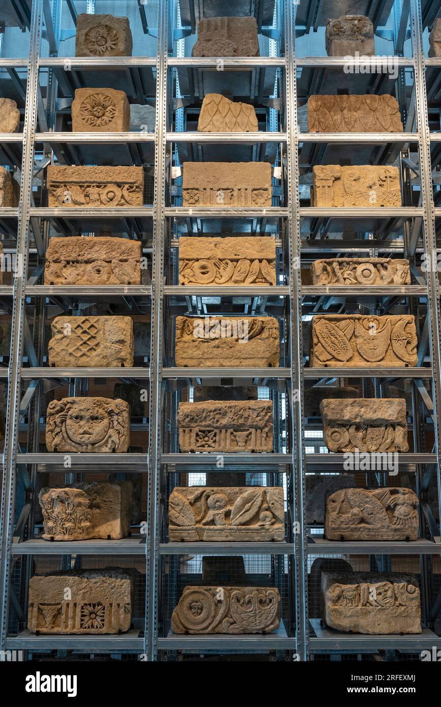 Francia, Aude, Narbonne, Narbo via Museum, Museo Archeologico progettato dall'architetto Norman Foster, galleria lapidaria che presenta blocchi scolpiti del periodo romano di Narbona Foto Stock
