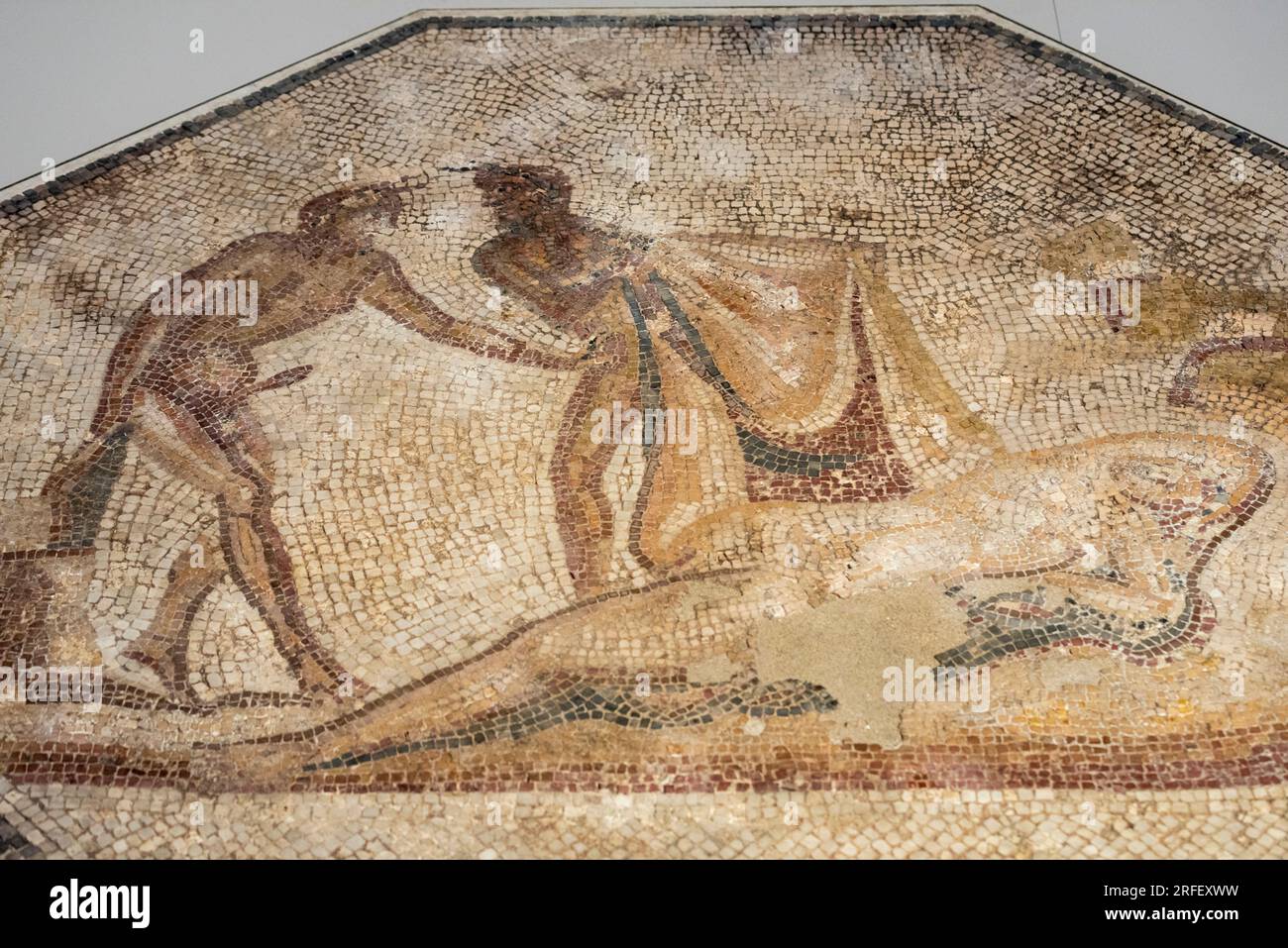 Francia, Aude, Narbonne, Narbo via Museum, Museo Archeologico progettato dall'architetto Norman Foster, mosaico della casa con i satiri in pietra e pasta di vetro del II secolo d.C. Foto Stock