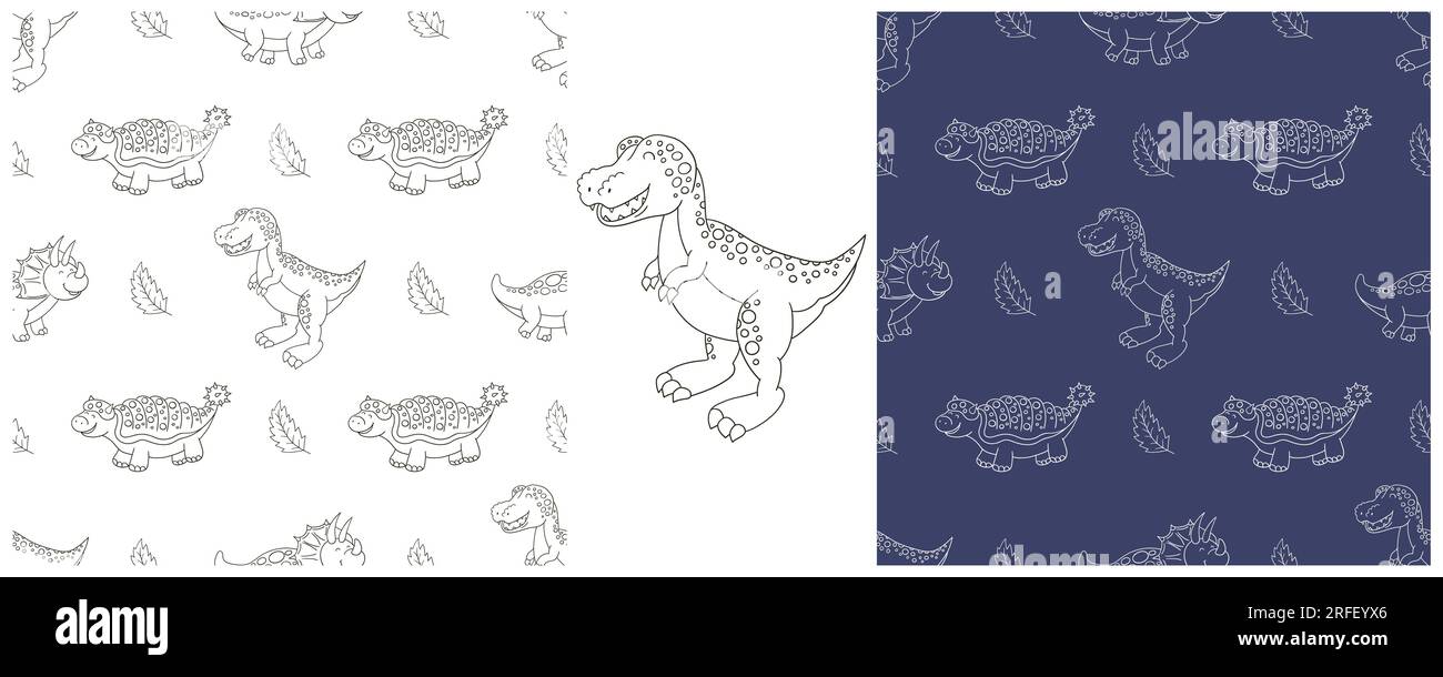 Imposta un divertente modello di dinosauro per bambini. Colorare lo sfondo vettoriale dei dinosauri. Tyrannosaurus. Stampa per design, tessuto, tessuto, carta da parati, involucro Illustrazione Vettoriale