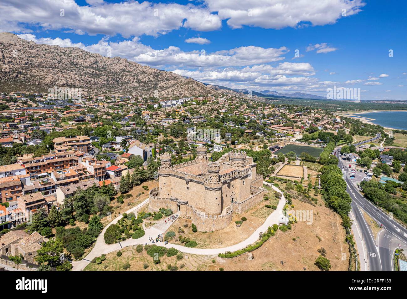 Spagna, Comunità di Madrid, Manzanares el Real, il castello (vista aerea) Foto Stock