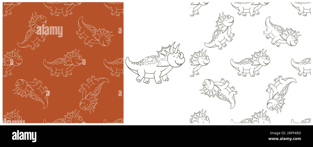 Imposta un divertente modello di dinosauro per bambini. Colorare lo sfondo vettoriale dei dinosauri. Triceratops. Stampa per la progettazione Illustrazione Vettoriale