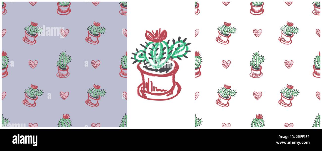 Motivo Cactus senza cuciture. Fioritura di cactus in pentole. Imposta i disegni con pastelli di cera. Carini cactusi Illustrazione Vettoriale