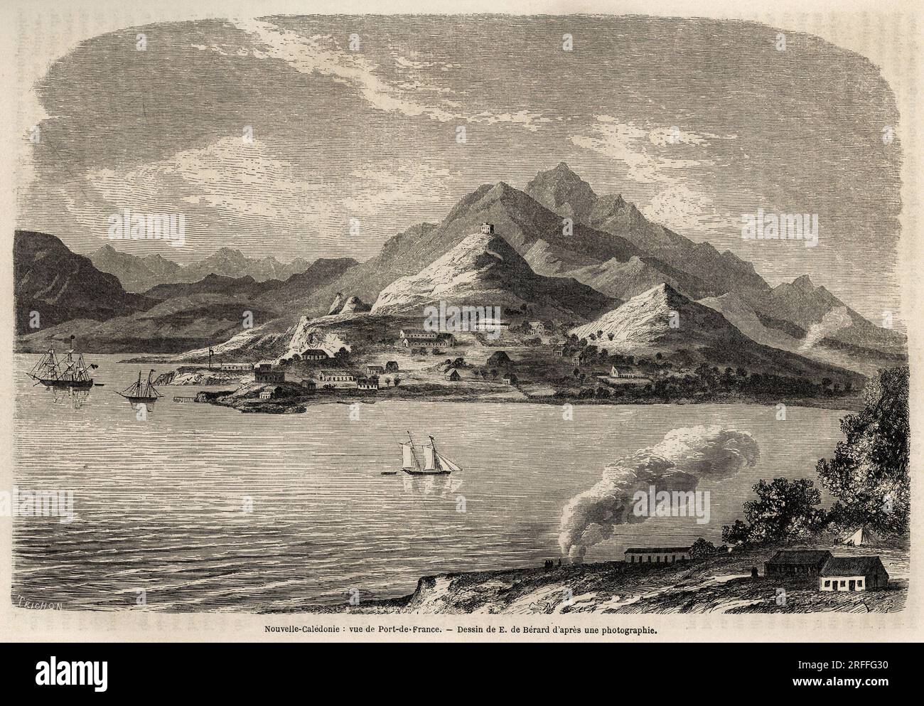 Vue de Port de France, en Nouvelle Caledonie, dessin de Evremont de Berard (1824-1881), pour illustrer le voyage a la Nouvelle Caledonie, en 1859, de Victor de Rochas. Gravure in "le tour du monde" 1861. Foto Stock