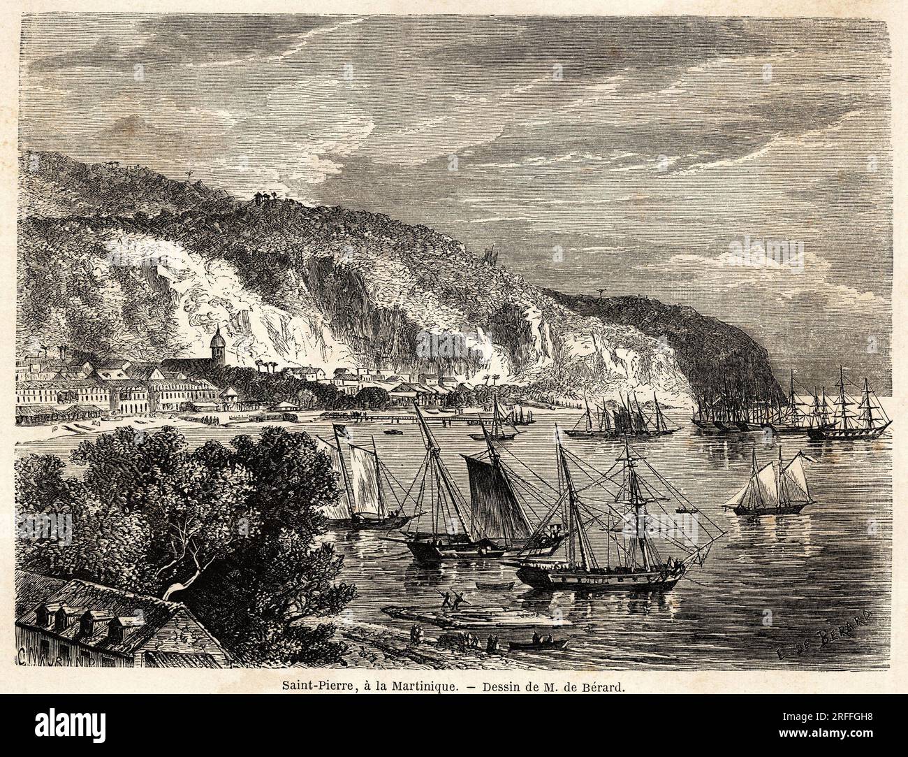 Vue de Saint Pierre, a la Martinica, dessin de Auguste de Berard (1824-1881), pour illustrer les voyages aux Indes occidentales, en 1858-1859, de Anthony Trollope (1815-1882). Gravure in "le tour du monde, nouveau Journal des voyages" Parigi, 1860. Foto Stock
