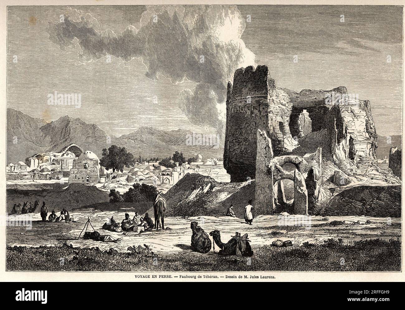 Les faubourgs de Teheran (Iran actuel). Dessin de Jules Laurens (1825-1901), pour illustrer le voyage en Perse, de 1855 a 1858, d'Arthur Gobineau (1816-1882). Gravure in "le tour du monde, nouveau Journal des voyages" Parigi, 1860. Foto Stock