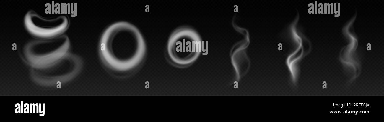Effetto nuvola vettoriale anello vapore fumo. grafica 3d realistica vape o hookah fog line swirl art. Magica sagoma fumé a spugna trasparente. traccia isolata di sovrapposizione creativa astratta del vapore Illustrazione Vettoriale