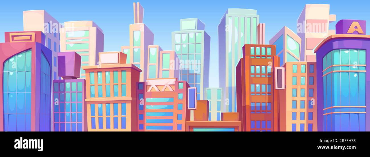 Centro città moderno con grattacieli sullo sfondo blu del cielo. Illustrazione vettoriale del paesaggio urbano, futuristici grattacieli e edifici per uffici, quartiere residenziale Illustrazione Vettoriale