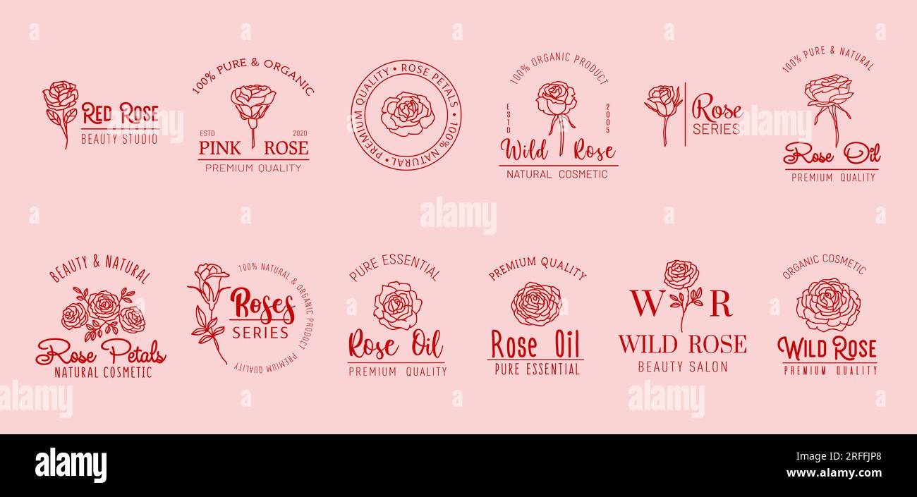 Icone minimali rosa. Set di cosmetici naturali, olio di rosa, prodotti di bellezza e fiori. Emblemi floreali vettoriali con rami floreali in fiore Illustrazione Vettoriale