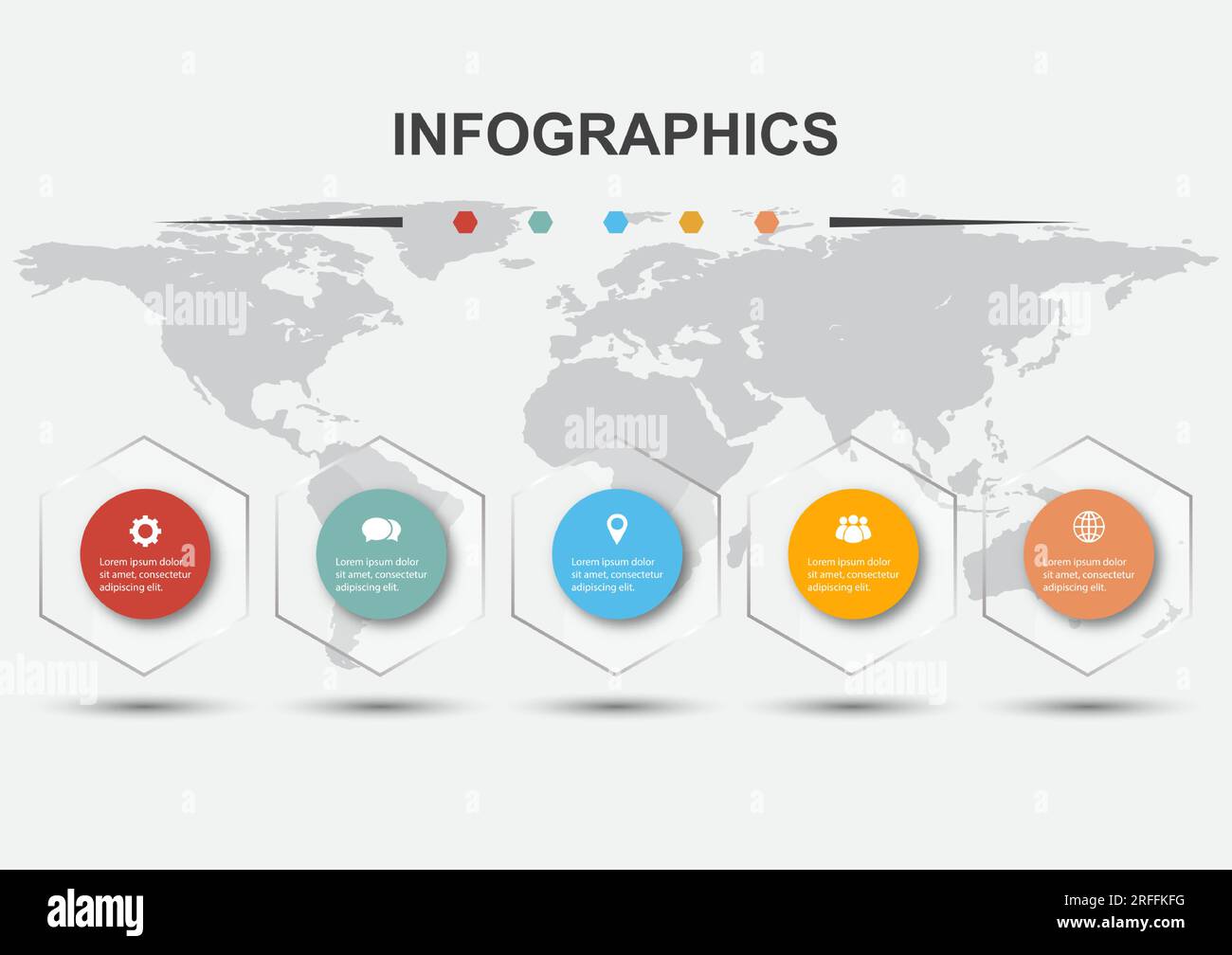Modello di progettazione infografica con 5 esagoni trasparenti, vettore di stock Illustrazione Vettoriale