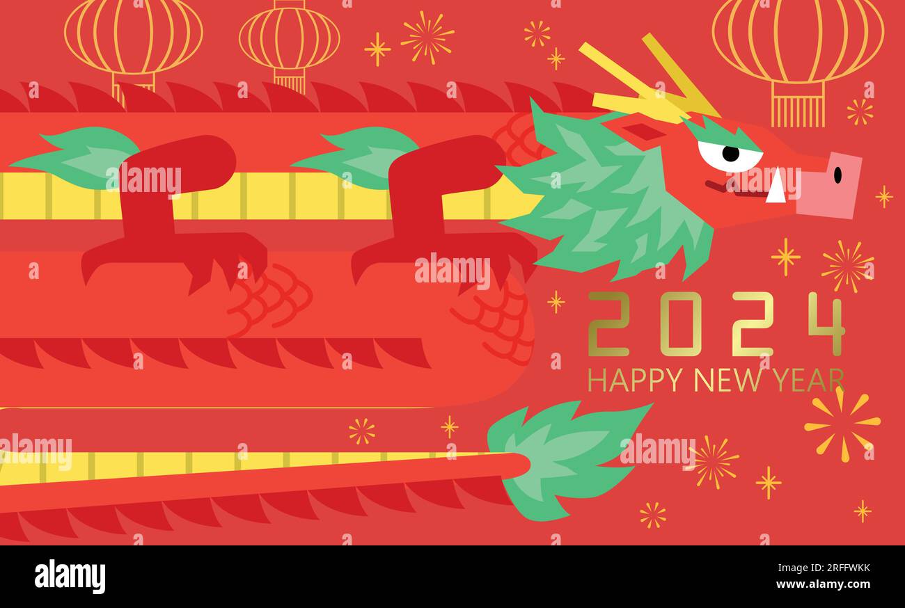 Drago stilizzato zodiaco cinese 2024 con lanterne di carta e fuochi d'artificio sullo sfondo. Anno del vettore del modello di banner del drago. Illustrazione Vettoriale