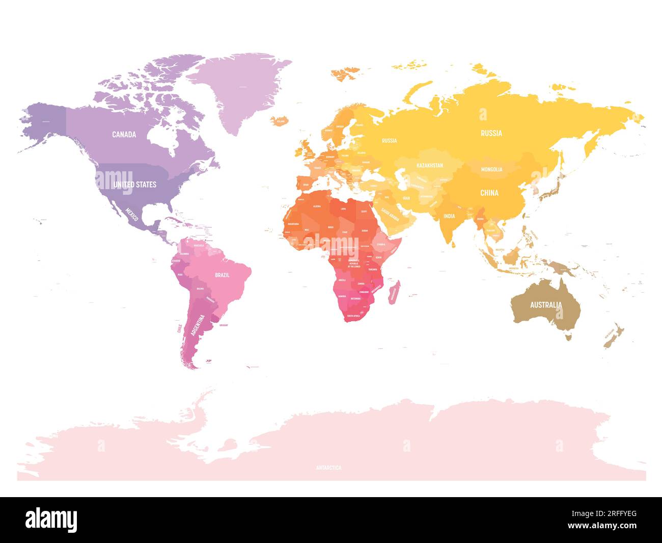 Mappa del mondo. Mappa politica del mondo in bianco e dettagliata. Mappa colorata su sfondo bianco. Illustrazione Vettoriale