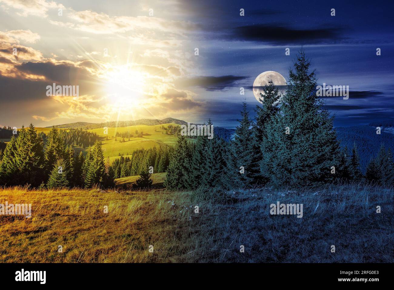 Paesaggio autunnale sulle montagne della Romania con sole e luna al crepuscolo. Foresta di conifere sulle colline del Parco Nazionale Apuseni. giorno e notte chang Foto Stock