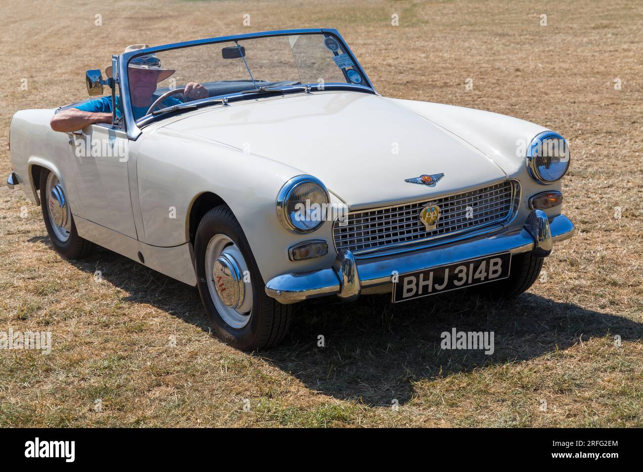 Uomo che guida un'auto cabriolet Austin Healey Sprite del 1964 in mostra al Roads to Rail Steam Rally di Norden, Dorset UK, a giugno Foto Stock
