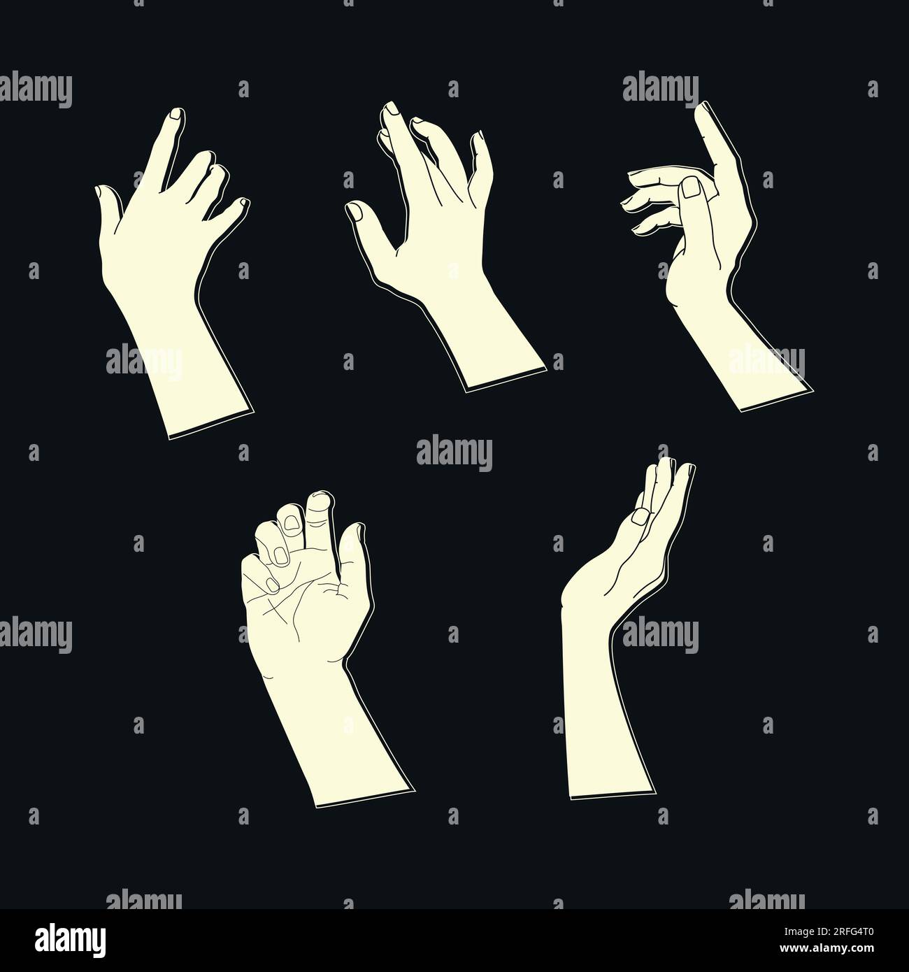 Set di mani umane con diversi gesti graziosi. Silhouette per le mani dai colori chiari su sfondo nero. Illustrazione vettoriale Illustrazione Vettoriale