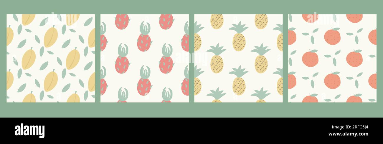 Set di motivi fruttati senza cuciture. Esotici sfondi di frutta tropicale. Mango, ananas, mandarino e pitahaya. Stampa estiva per tessuti, carta da parati, design Illustrazione Vettoriale