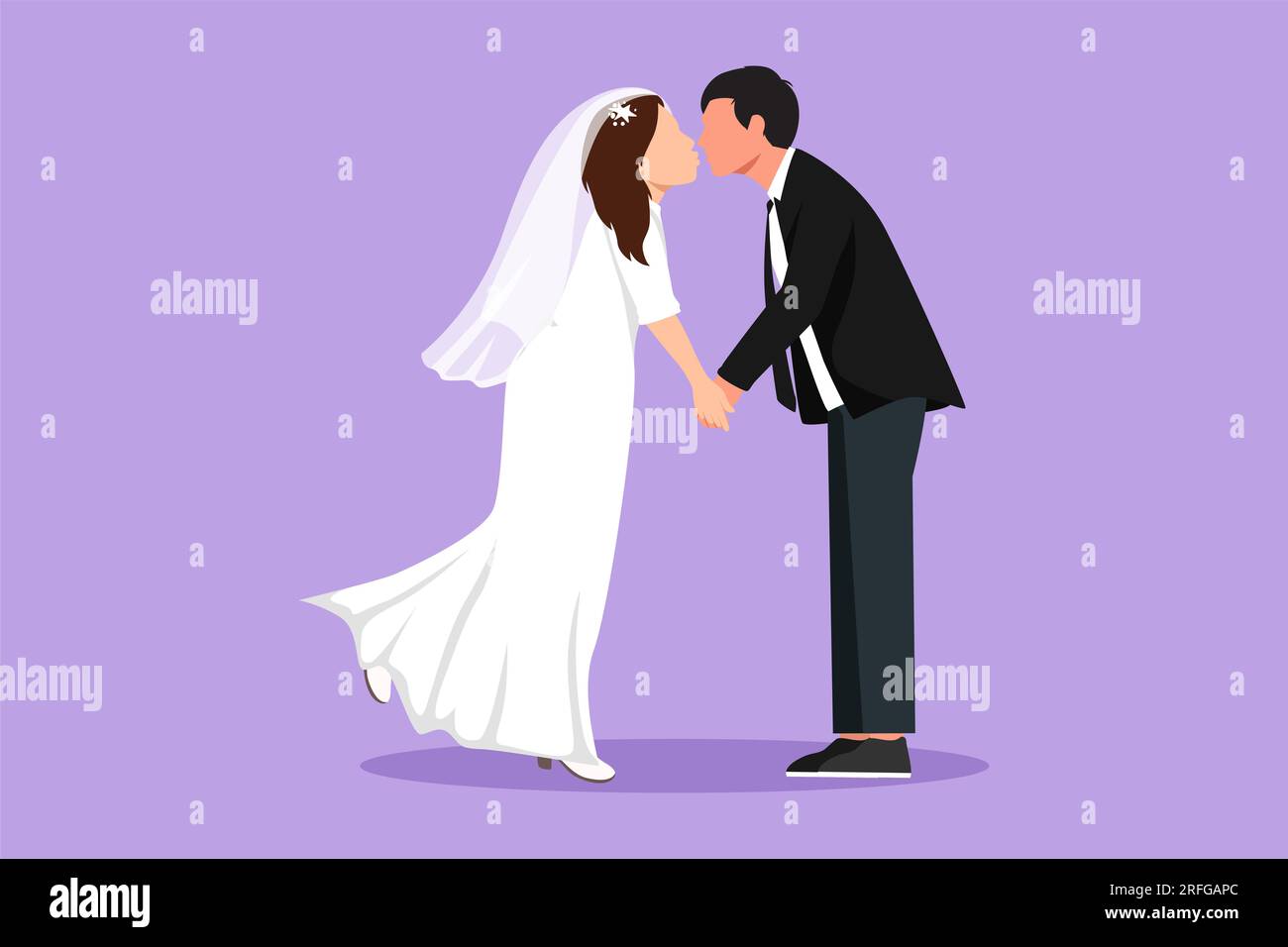 Design piatto grafico che disegna una coppia romantica con labbra chiuse in bacio. Gli amanti dell'uomo felice e delle belle donne si baciano e si tengono per mano Foto Stock