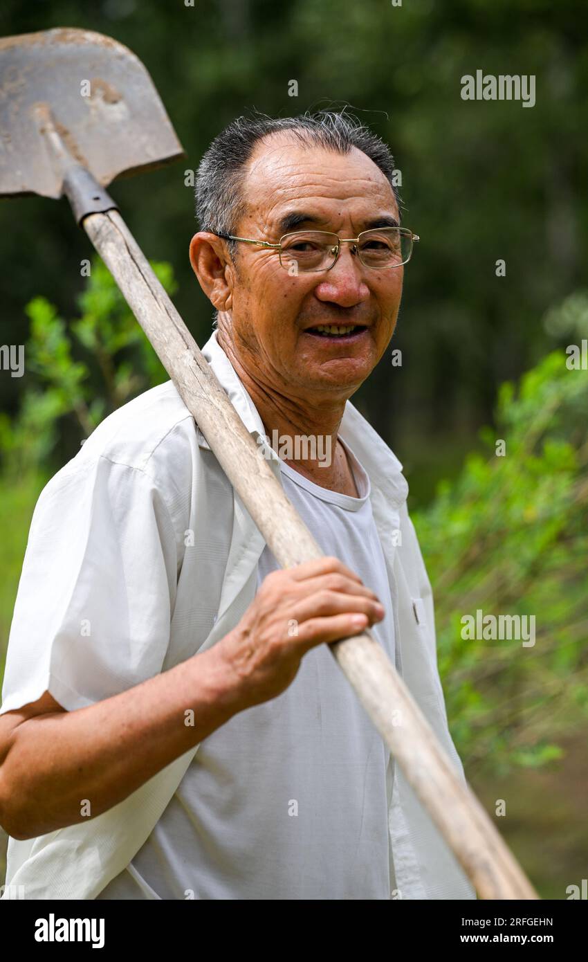 (230803) -- TONGLIAO, 3 agosto 2023 (Xinhua) -- Bai Shun poses for Photos in Bulteger Gacha, Horqin Left Wing Rear Banner of Tongliao City, regione autonoma della Mongolia interna della Cina settentrionale, 2 agosto 2023. Situato nel centro della Horqin Sandy Land, Bulteger Gacha, un piccolo villaggio nella bandiera posteriore dell'ala sinistra di Horqin della città di Tongliao, soffriva di desertificazione. Dal 2002, Bai Shun, un contadino mongolo locale, ha portato la sua famiglia a radicare in questo villaggio e a dedicarsi al controllo della desertificazione. Il tasso di sopravvivenza degli alberi piantati era basso all'inizio a causa della mancanza di experi Foto Stock