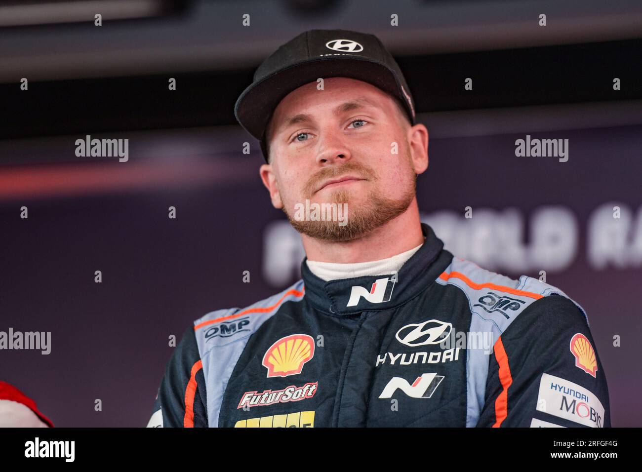 Esapekka Lappi (fin) di Hyundai Shell Mobis World Rally Team, Hyundaii20 N Rally1 Hybrid, WRC Rally Finlandia, durante la conferenza stampa a Jyvaskyla, 2023, 03 ago 2023 Jyvaskyla, Finlandia Foto Stock