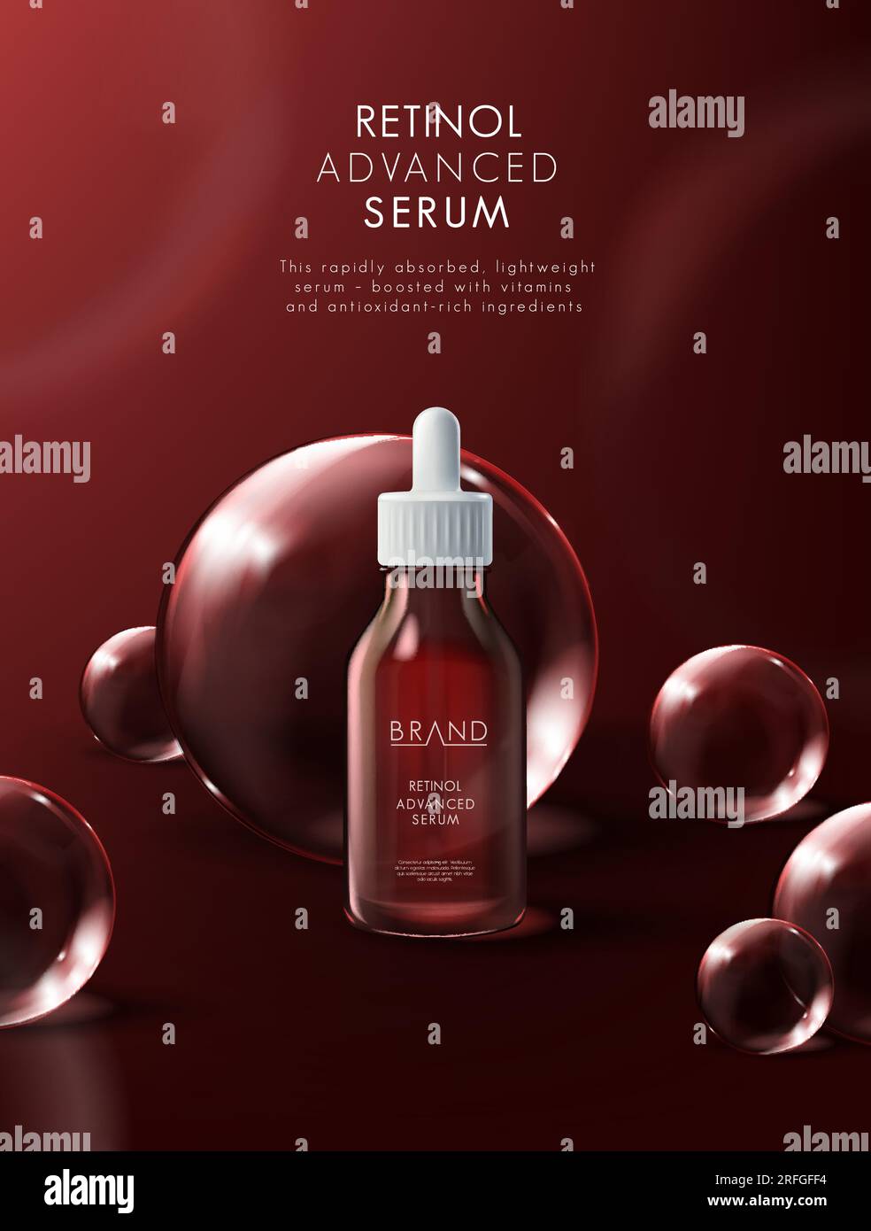 Annuncio di prodotto cosmetico con molecole circolari trasparenti, concetto di idratazione. Illustrazione Vettoriale