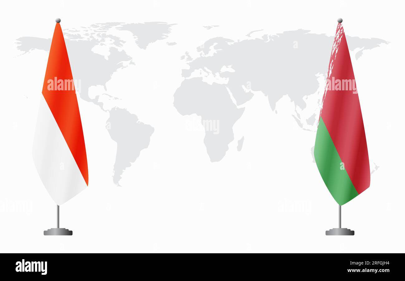 Bandiere indonesiane e bielorusse per riunioni ufficiali sullo sfondo della mappa mondiale. Illustrazione Vettoriale