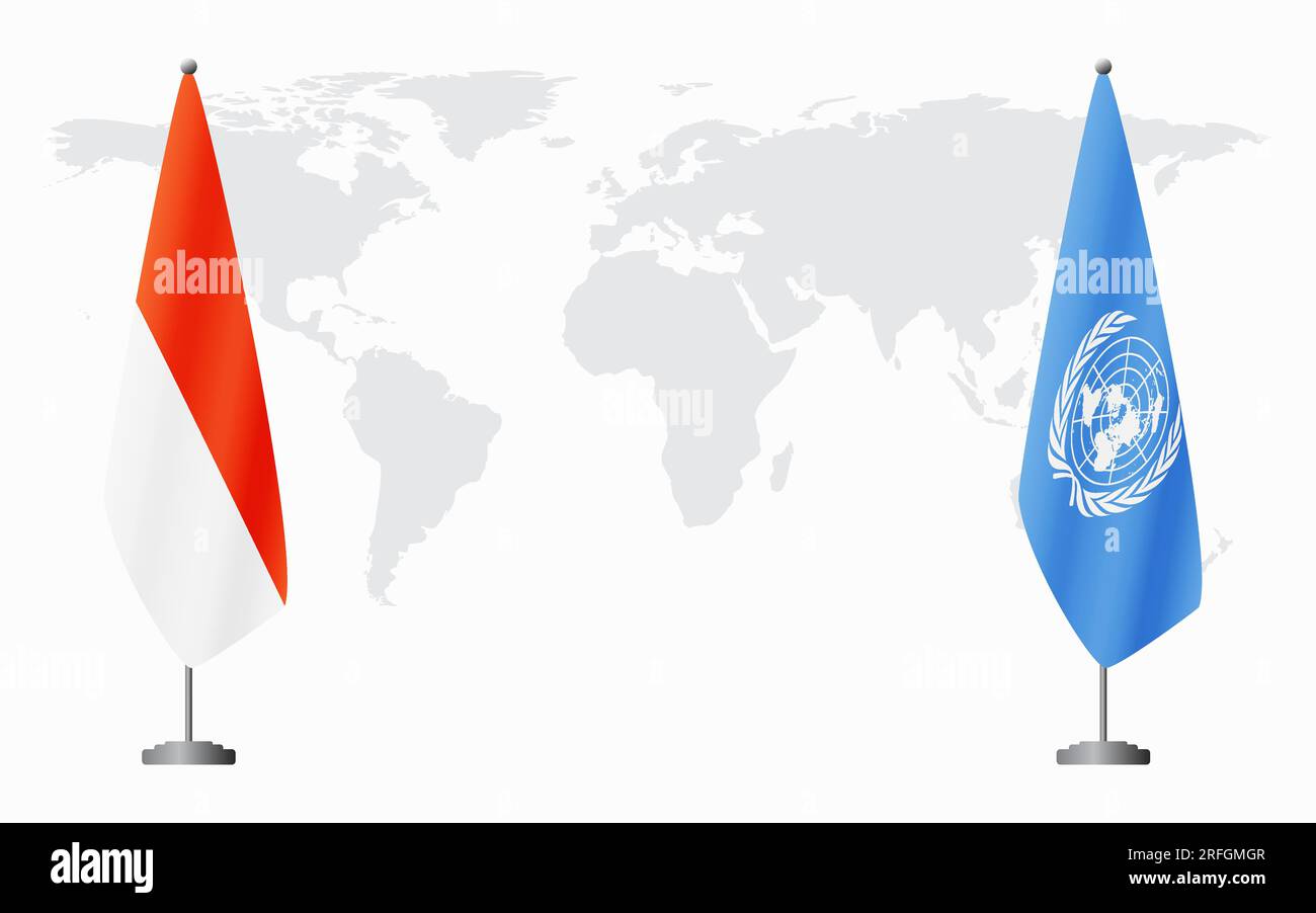 Indonesia e bandiere delle Nazioni Unite per un incontro ufficiale sullo sfondo della mappa mondiale. Illustrazione Vettoriale