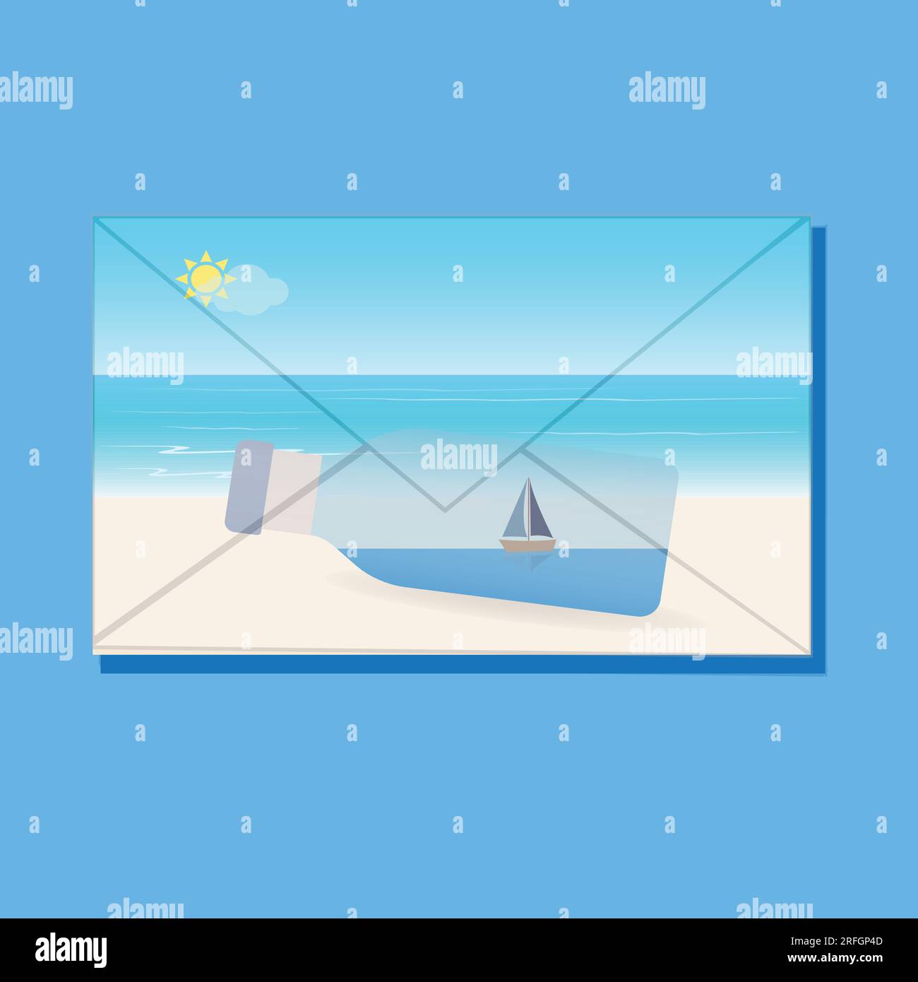 Busta chiusa con paesaggio marino e una bottiglia con una barca all'interno Illustrazione Vettoriale