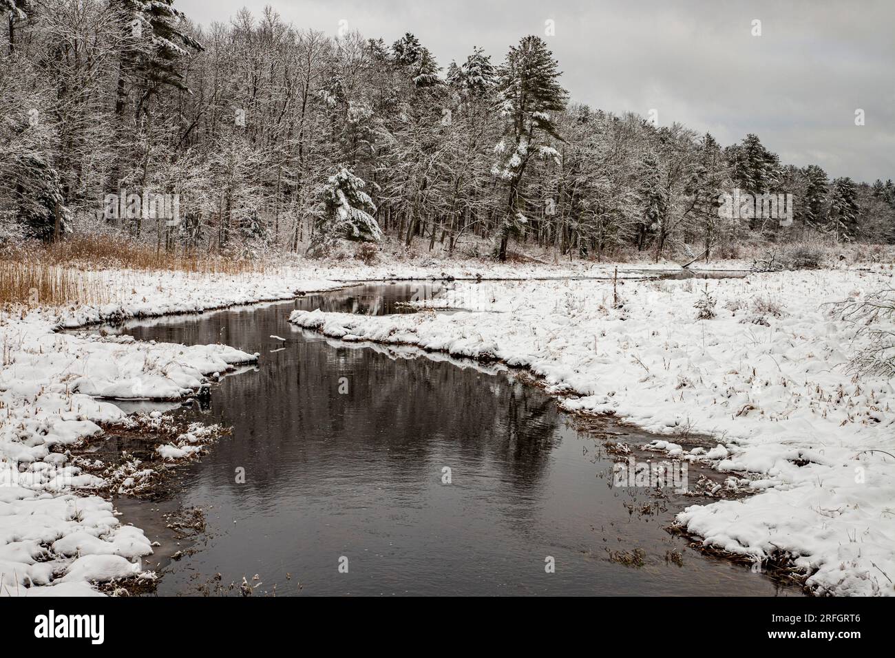 Il ramo orientale del fiume Swift subito dopo una tempesta di neve - Petersham, Massachusetts Foto Stock