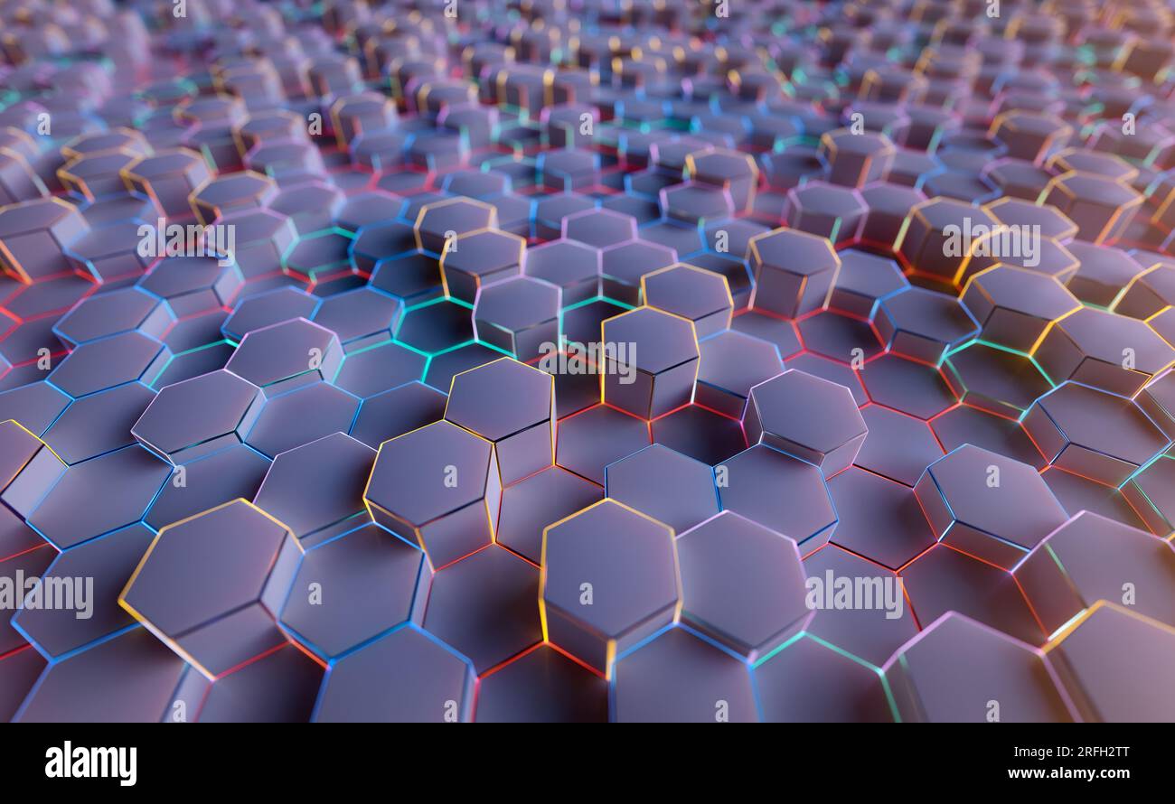 Sfondo 3D astratto con esagono a colori, sfondo tecnologico moderno con esagoni estrusi Foto Stock