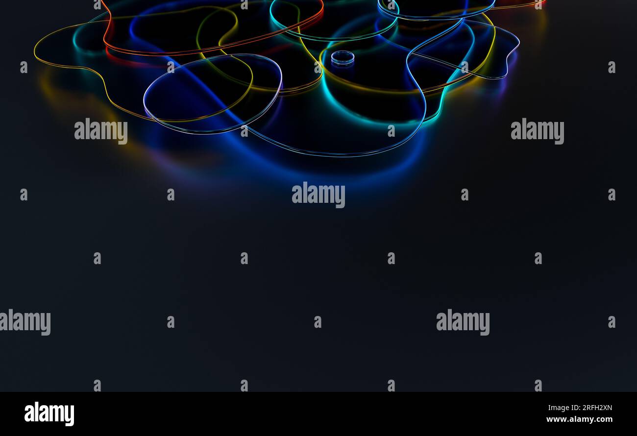 Sfondo 3d astratto con forme curve in vetro con emettitore di luce colorato bordi olografici al neon iridescenti Foto Stock