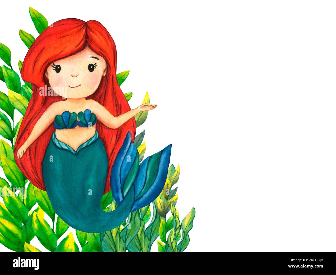 Cornice di alghe acquerelli con sirena e pesci tropicali. Pianta marina isolata su sfondo bianco. Le illustrazioni botaniche dipinte a mano sono sottovalutate Foto Stock