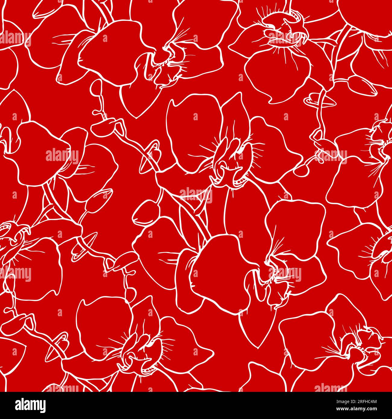 modello senza cuciture di grandi silhouette bianche di orchidee su sfondo rosso, texture e design Foto Stock