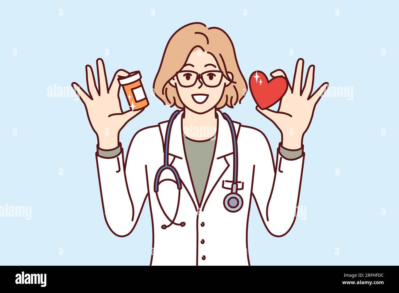 Medico donna tiene il cuore e la medicina per il trattamento di malattie cardio e aritmia o tachicardia. Il medico raccomanda di non trascurare i disturbi cardiovascolari che causano infarto miocardico Illustrazione Vettoriale